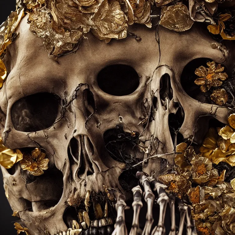 Image similar to A beautiful oil painting hyperrealism of a decayed black skeleton head, rotting black clay skin, bones, close up, gold flowers, gold floral headdress, 8k resolution, octane render