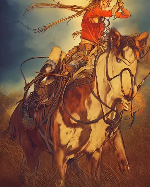 Image similar to a cowgirl, midshot single subject, art poster, ambient lighting, detailed, by ayami kojima, makoto shinkai, kilian eng