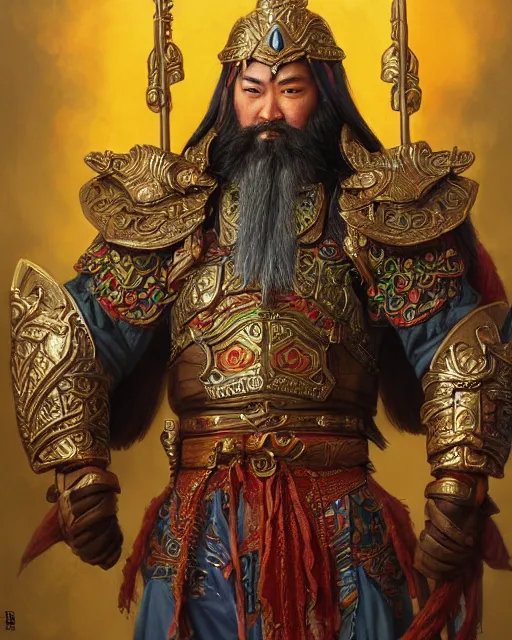 Image similar to guan yu portrait | highly detailed | very intricate | symmetrical | whimsical and magical | soft cinematic lighting | award - winning | closeup portrait | doll | painted by donato giancola and mandy jurgens and ross tran | pastel color palette | featured on artstation