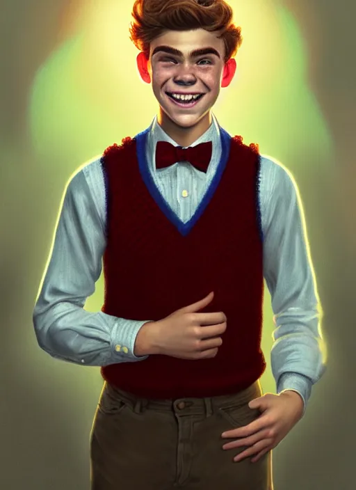 Image similar to portrait of teenage archie andrews, freckles, curly middle part haircut, curly hair, middle part hairstyle, smiling kindly, wearing a bowtie and sweater vest, intricate, elegant, glowing lights, highly detailed, digital painting, artstation, concept art, smooth, sharp focus, illustration, art by wlop, mars ravelo and greg rutkowski