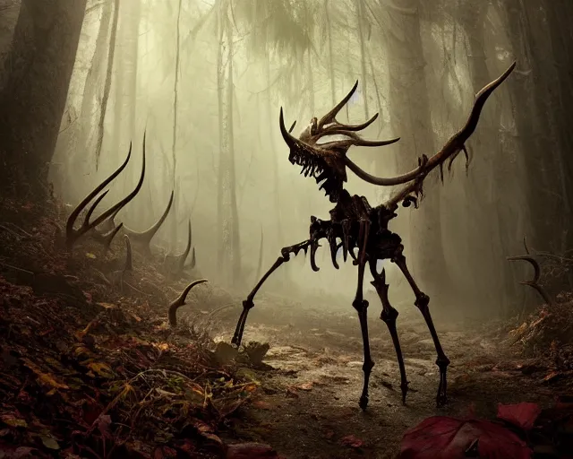 Prompt: 5 5 mm portrait photo of an armored demonic rat skeleton with antlers and red eyes, in a magical forest. magical atmosphere. art by greg rutkowski. highly detailed 8 k. intricate. lifelike. soft light. nikon d 8 5 0.