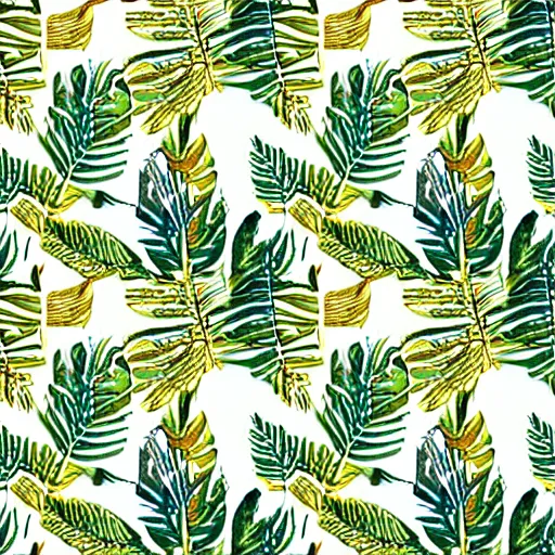 Image similar to repeating pattern seamless. watercolor. tropical palm leaves, warm light, gold and green, hyperrealistic, minimalistic, stylized