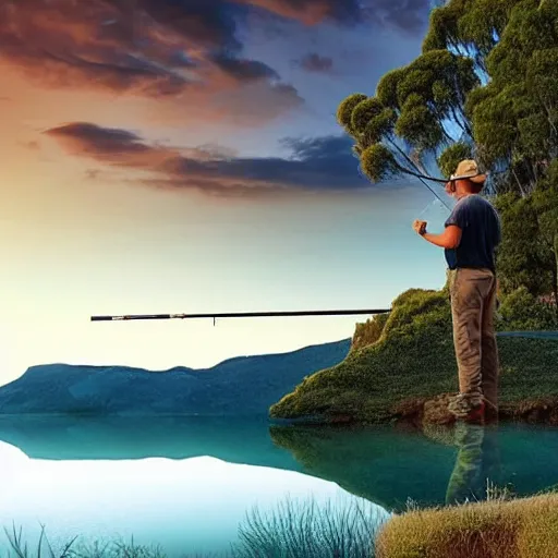 Image similar to an australian man, facing away from the camera towards a sunrise, over a reflective lake, fishing rod set up next to the man, with tackle box and a dog sleeping on the ground, awe inspiring award - winning, matte painting