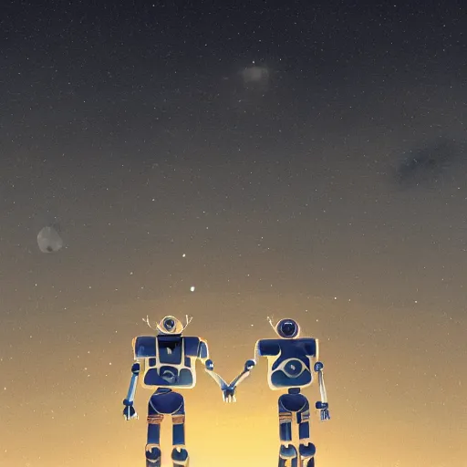 Image similar to illustration of two robots holding hands on a summit, standing, looking out toward a full moon on a starry night, beautiful, muted colors, in the style of hirohiko araki, rutkowski, atey ghailan