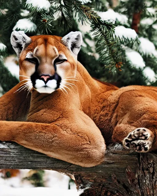 Prompt: magazine page showing 'a cougar sleeping in the middle of snowy pine tree' laying on coffee table, zoomed out shot, HD, iphone screenshot