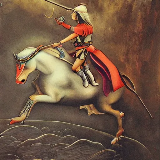 Image similar to a exotic metro pollynsdian warrior riding horse through a river, painted by jorgihno gisbana and takashi tokyo, style of ultra capitalism surrealism, surrealist artwork, ancho socialist styling