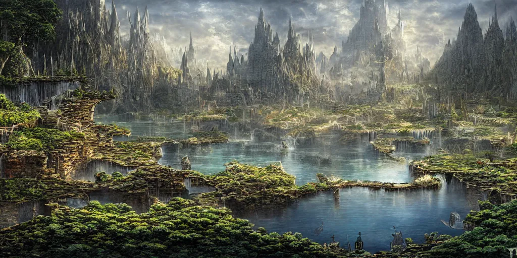 Image similar to Fantastical open landscape by Ted Nasmith, elven city, city, city, pools of magical water, digital painting, concept art, landscape