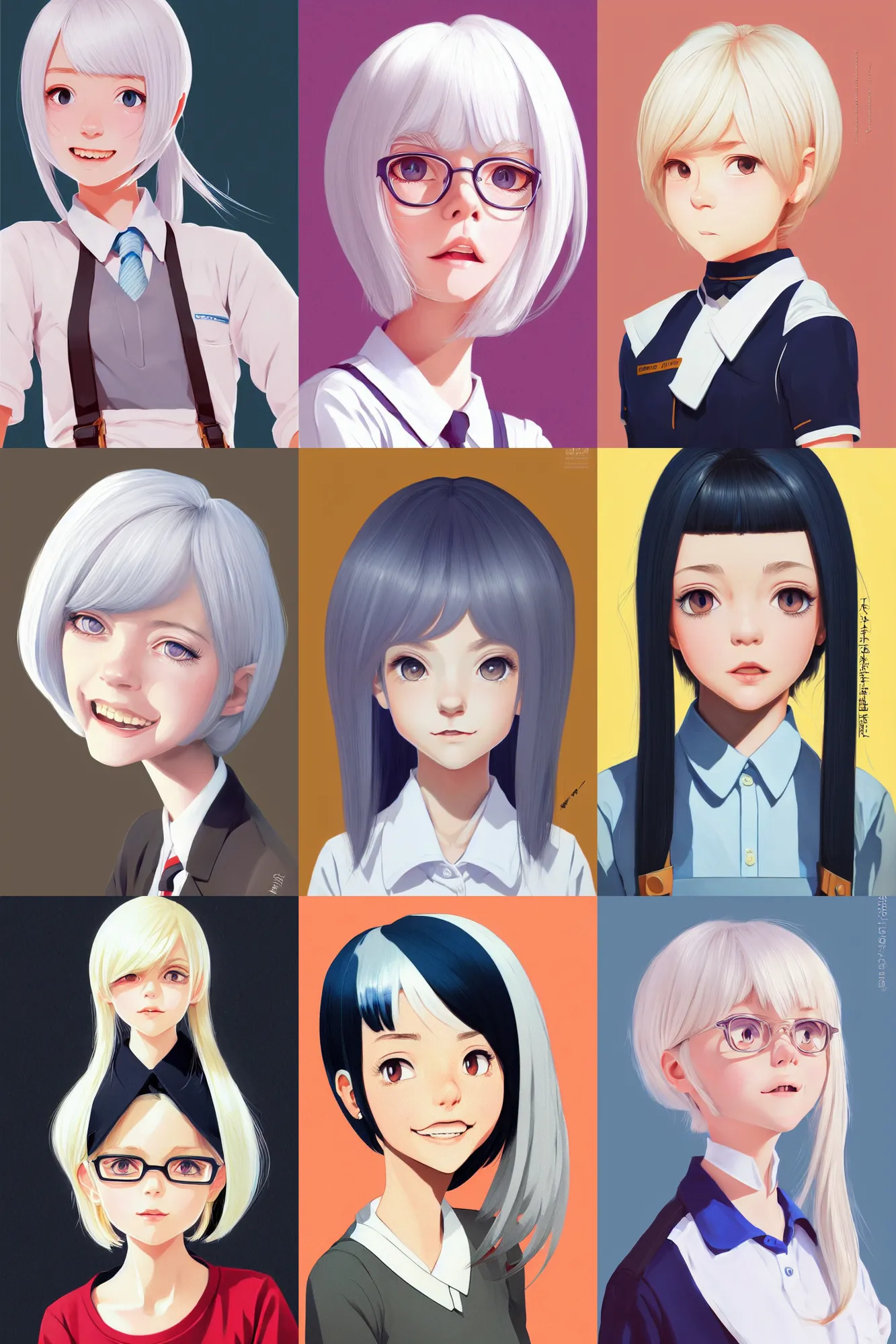 Image similar to a headshot of a very happy cute girl with shoulder - length white hair wearing school uniform, sharp focus, illustration, morandi color scheme, art station, high detailed, by ilya kuvshinov