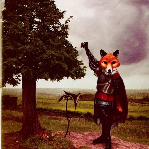 Image similar to anthropomorphic fox!! who is a medieval knight holding a swo - rd towar - ds a stormy thundercloud [ 1 9 3 0 s film still ], ( castle in the background )