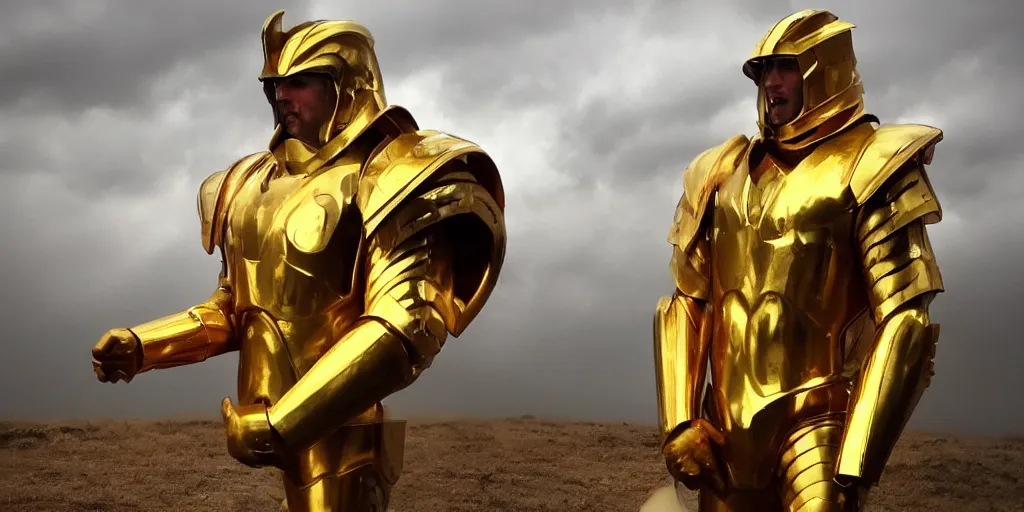 Image similar to zeus in his golden scifi armor ready for a battle, stormy sky,