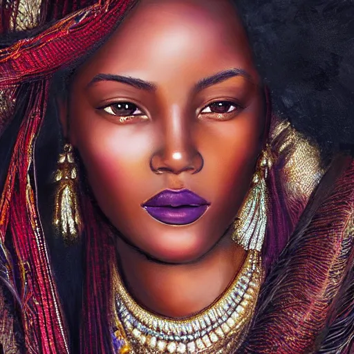 Image similar to A masterpiece portrait of a Incredibly beautiful African girl model in European royal barocco clothes. With big rich jewelry. In Queen\'s crown. Vogue. trending on artstation, digital art, by Stanley Artgerm Lau, WLOP, Rossdraws, James Jean, Andrei Riabovitchev, Marc Simonetti, Yoshitaka Amano