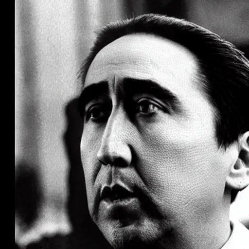 Image similar to Nicholas Cage as Mao Zedong, leader of China. He is dressed with a Superman suit, and is in a conference with Soviet Leaders in Siberia.