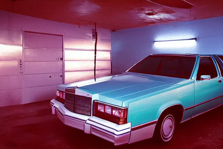 Prompt: 1985 Caprice inside of a car wash, ektachrome photograph, volumetric lighting, f8 aperture, cinematic Eastman 5384 film