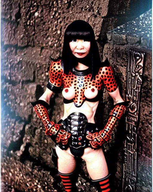 Image similar to portrait of a skinny punk goth yayoi kusama wearing armor by simon bisley, john blance, frank frazetta, fantasy, thief warrior