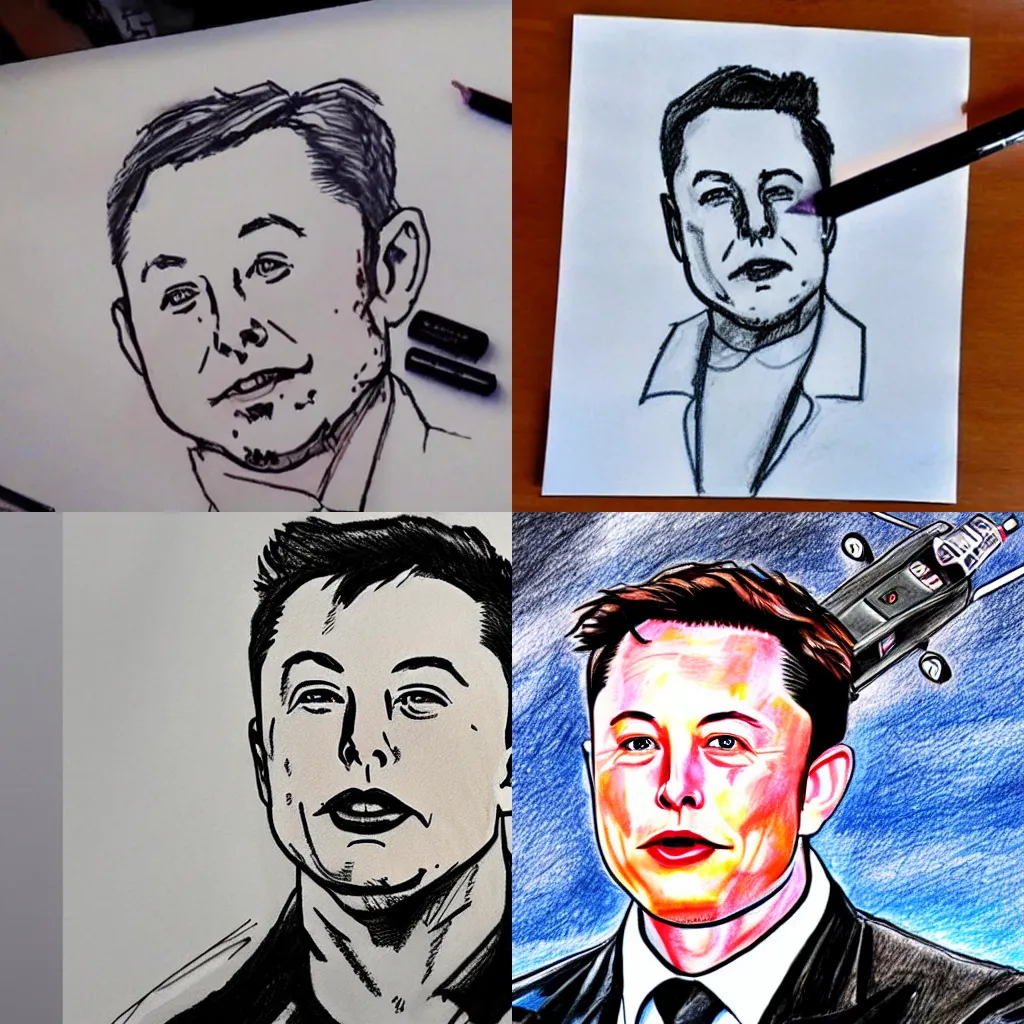 Prompt: child's pen drawing of Elon musk face bad drawing