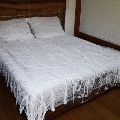 Image similar to bed made entirely of spider webs. pillow made of spider webs. blanket made of spider webs. detailed beautiful photography. intricate. photorealistic.