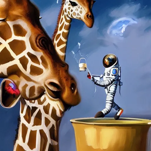 Image similar to a giraffe astronaut drinking tea with queen isabel, trending on artstation, art by greg manchess, guangjian, detailed digital art, artstation hd