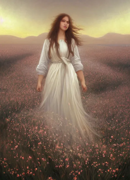 Image similar to oil painting portrait of a young woman with long dark flowing hair in a dress made of white flowers, dancing levitating floating over a field of flowers at sunset with mountains in the background, hazy, digital art, chiaroscuro, artstation, cinematic, golden hour, digital art painting by greg rutkowski, bouguereau, hazy atmosphere, flowers, cinematic lighting