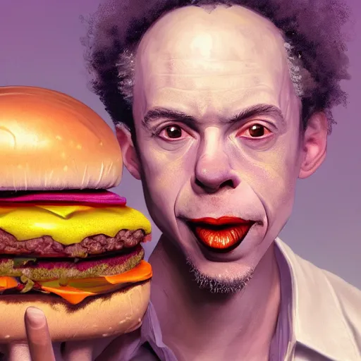 Prompt: portrait photography of Malcolm Gladwell in clown makeup eating a giant hamburger, extra ketchup and mustard with overflowing bacon lettuce and tomato, cinematic lighting, highly detailed, feminine ethereal, D&D, hearthstone, digital painting, artstation, concept art, smooth, sharp focus, illustration, art by Terry Moore and Greg Rutkowski and Alphonse Mucha