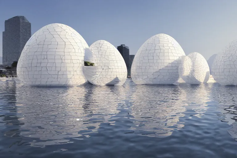 Prompt: white egg shaped bubble buildings of different sizes intersect and combine together. on the calm lake surface, people's perspective, future, interior wood, marble, award winning, highly detailed 4 k art, dusk, unreal engine highly rendered, global illumination, radial light, internal environment by kazuyo sejima