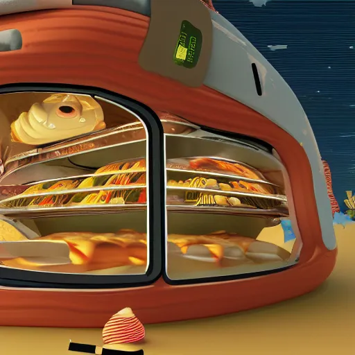 Image similar to a robot living inside a bread sandwish seen from outside, hyper detailed,