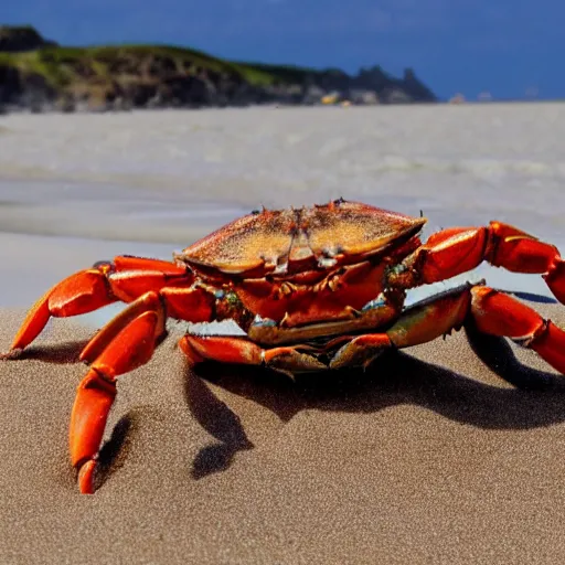 Prompt: a realistic image of a crab with hair, ultra high detail, the crab is on sand on a beach with ocean in the background, 8 k.
