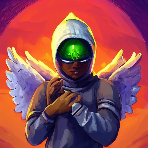 Image similar to baby Angel cherub,wearing angel halo, ski mask, balaclava, wearing angel halo covered face, orange hoodie, hip hop golden necklace fantasy art apex fortnite Video game icon, 2d game art gta5 cover , official fanart behance hd artstation by Jesper Ejsing, by RHADS, Makoto Shinkai and Lois van baarle, ilya kuvshinov, rossdraws