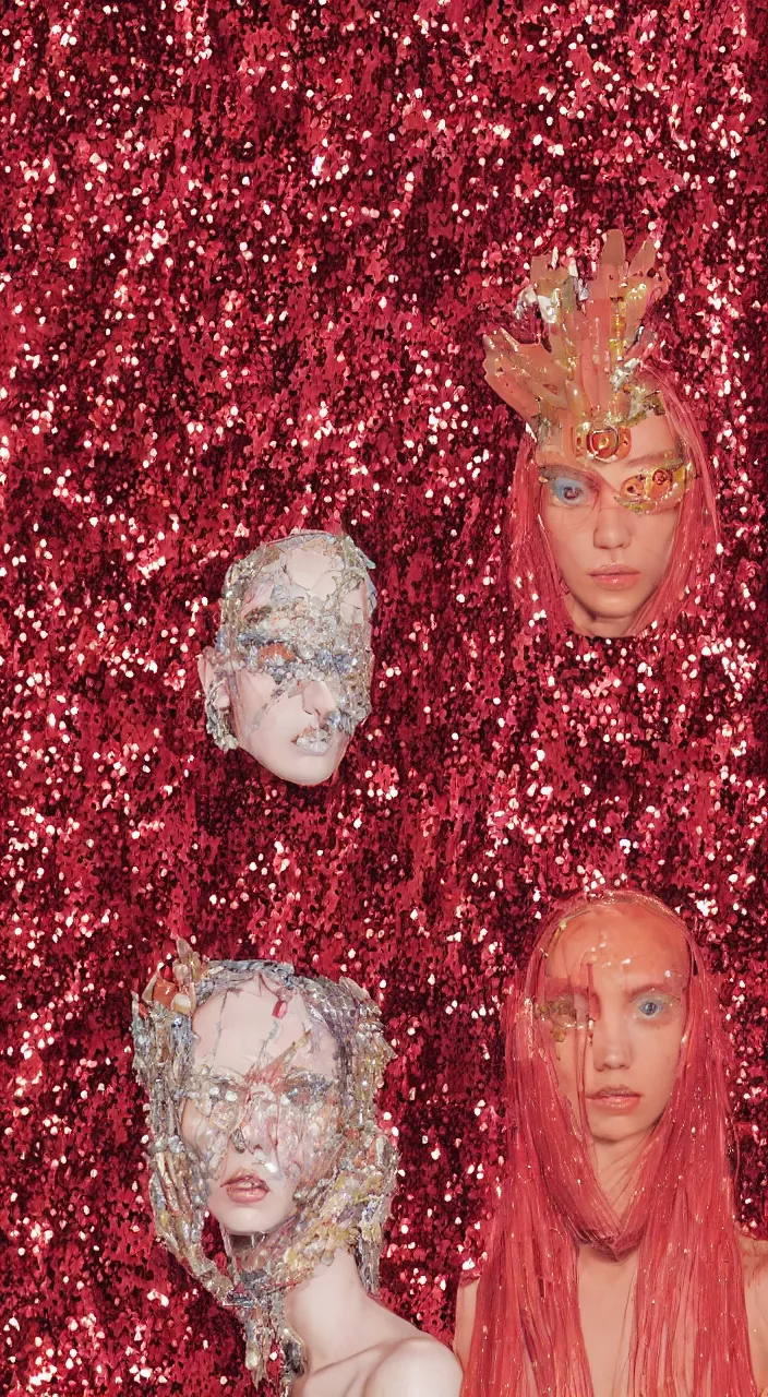 Prompt: a fashion character design wearing a red sequined bodysuit, acid hallucinations floating around their head, by moebius, alexander mcqueen headdress with beads, by kawase hasu
