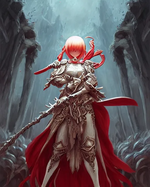 Prompt: mage fighting a shinigami, ivory carved mantle, red hair straight bangs wearing ivory carved bone armor, bone plants, intricate, elegant, highly detailed, digital painting, full body concept art, smooth, ultra wide angle horizon, illustration, art by artgerm, greg rutkowski, ilya kuvshinov