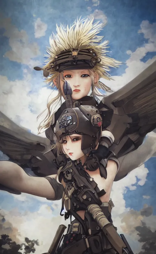 Prompt: shot of mechanized valkyrie, anime style, world war 2, vintage clothing, spread wings, blonde hair, hair down, symmetrical facial features, from arknights, hyper realistic, 4 k, rule of thirds, extreme detail, detailed drawing, safebooru, hd, d & d, realistic lighting, by alphonse mucha, greg rutkowski, backlit