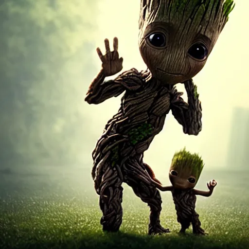 Image similar to photo realistic image of a baby groot giving baby yoga a piggyback ride, stunning 3 d render inspired art by istvan sandorfi and greg rutkowski, perfect facial symmetry, realistic, highly detailed attributes and atmosphere, dim volumetric cinematic lighting,