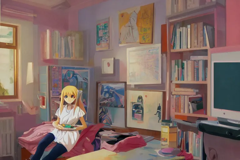 Image similar to oil painting of a girl using a computer in her room, anime, studio gainax, y2k, 2000s, posters, cluttered room