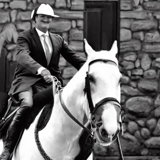 Prompt: Matteo Renzi riding a horse which has the face of Mario Draghi, in a 19th century caricature, black and white