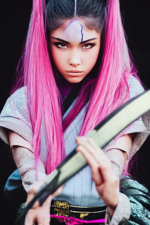 Image similar to highly detailed beautiful photo of madison beer as a young female samurai, practising sword stances, symmetrical face, beautiful eyes, pink hair, realistic anime art style, 8 k, award winning photo, pastels colours, action photography, 1 / 1 2 5 shutter speed, sunrise lighting