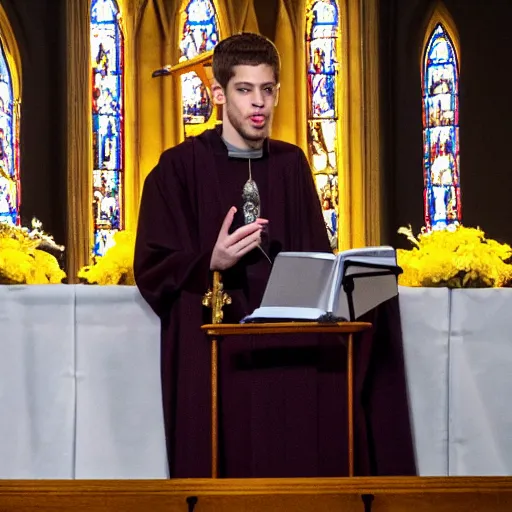 Image similar to pete davidson as an evangelist on an alter giving a sermon