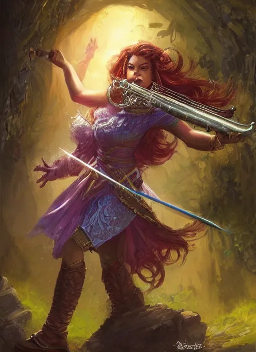 Image similar to female bard playing trumpet, ultra detailed fantasy, dndbeyond, bright, colourful, realistic, dnd character portrait, full body, pathfinder, pinterest, art by ralph horsley, dnd, rpg, lotr game design fanart by concept art, behance hd, artstation, deviantart, hdr render in unreal engine 5