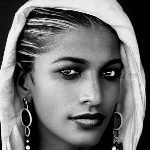 Prompt: black and white vogue closeup portrait by herb ritts of a beautiful female model, indian, high contrast