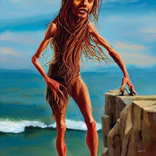 Prompt: improvisational by steve henderson. a beautiful print of a human - like creature with long, stringy hair. the figure has no eyes, only a mouth with long, sharp teeth. the creature is standing on a cliff overlooking a dark, foreboding sea.