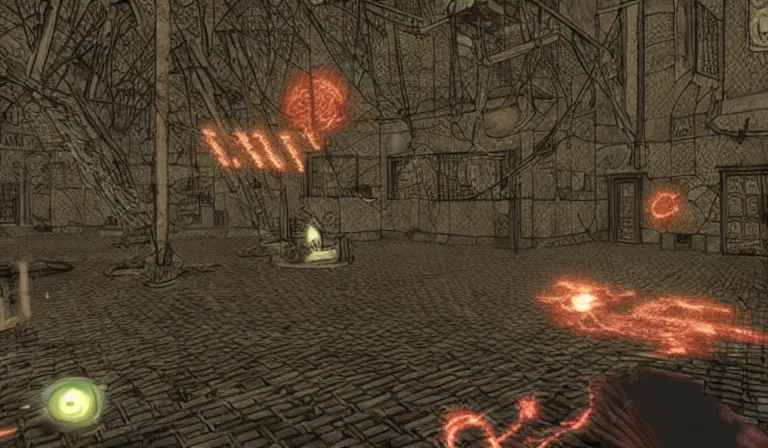 Image similar to Fighting eldritch horrors in an FPS, PC game with UI, by Junji Ito