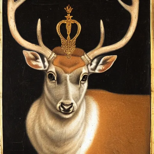 Image similar to renaissance style portrait of an european fallow deer wearing a crown and a cape, dark background