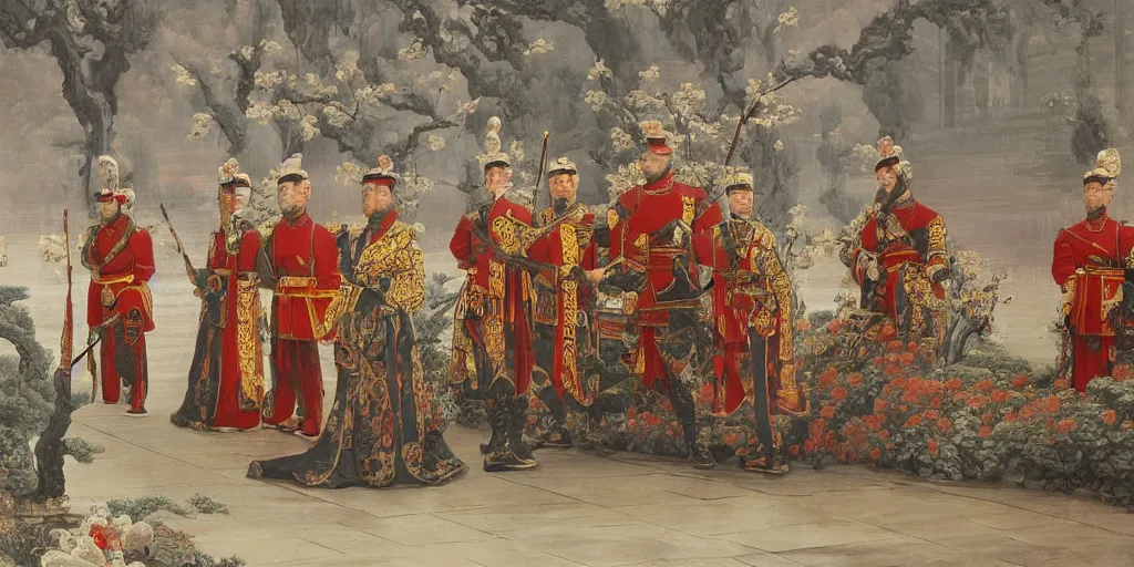 Image similar to Highly detailed and cinematic romantic period oil painting of Imperial Chinese palace guards bowing to the Chinese emperor, strong atmosphere, oil painting masterpiece by Josep Tapiró Baró, symmetry, fractals