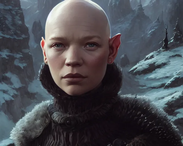 Image similar to highly detailed portrait of lea seydoux as a bald elf, in skyrim, stephen bliss, unreal engine, fantasy art by greg rutkowski, loish, rhads, ferdinand knab, makoto shinkai and lois van baarle, ilya kuvshinov, rossdraws, tom bagshaw, global illumination, radiant light, detailed and intricate environment