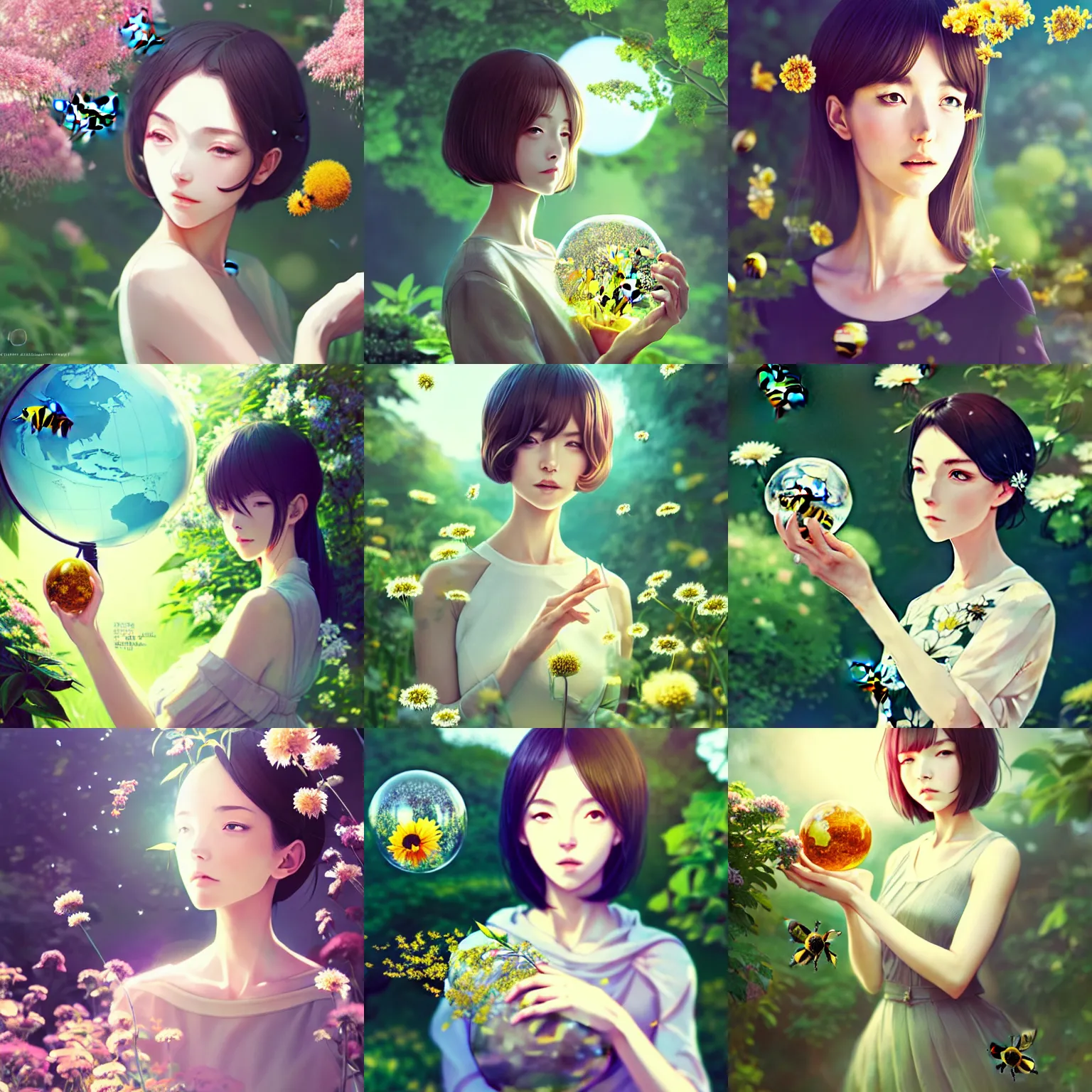 Prompt: elegant woman holding a transparent globe in the garden, flowers and foliage around, there's a bee inside the globe, digital anime art by wlop, medium shot, mid - shot, composition by ilya kuvshinov, lighting by greg rutkowski