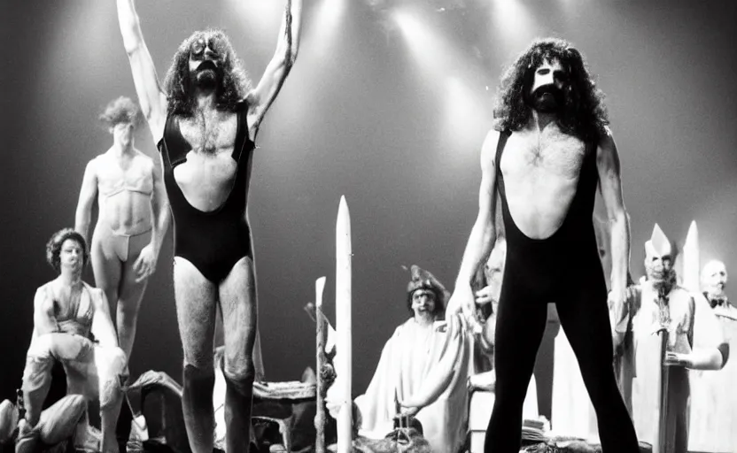 Prompt: Frank Zappa in a leotard performs the role of Richard III in award-winning modern dress production of Richard III in front of a live audience