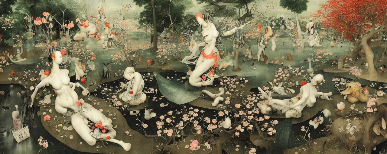 Image similar to Japanese Garden by Hieronymus Bosch and James Jean, Ross Tran, Porcelain Japanese Mannequins, HD, hypermaximalist, 8k, surreal oil painting, highly detailed, dream like, masterpiece