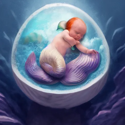 Prompt: a baby mermaid sleeping in an cracked egg, ultrarealistic, dramatic lighting, high details, 4 k, 8 k, best, accurate, trending on artstation, artstation, photorealism, ultrarealistic, digital painting, fantasy art