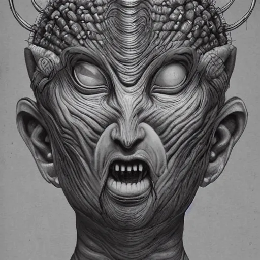 Prompt: naraka buddhist demon korean female, happy female alien, tubular creature, blood vesels, no face, dystopian surrealism, alex ries zdzisław beksinski, symmetrical long head, smooth marble surfaces, smooth marble surfaces, detailed ink illustration, detailed ink illustration, raiden metal gear, cinematic smooth stone, deep aesthetic, concept art, intricate