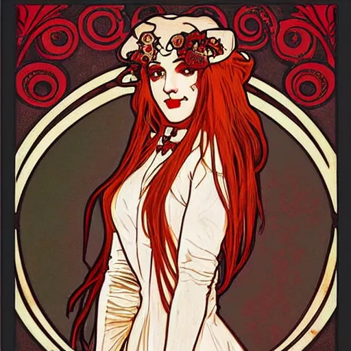 Image similar to Alphonse Mucha, art nouveau, cardstock, pretty female Hayley Williams Paramore, vampire, fully red eyes, sharp teeth smile, victorian dress, long red hair, full body action pose