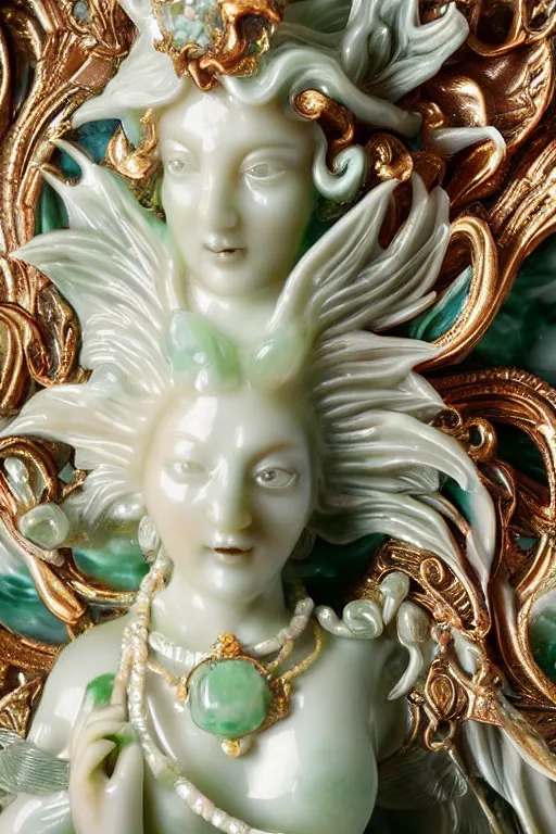 Image similar to a closeup photo, rococo alabaster and jade real delicate ceramic porcelain sculpture of an ornate detailed phoenix goddess in front of an intricate background by rafael, micro detail, backlit lighting, subsurface scattering, translucent, thin porcelain, emerald, jade, octane renderer, colorful, physically based rendering, trending on cgsociety