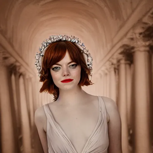 Image similar to Emma Stone as a Greek Goddess, Sony a7R IV, symmetric balance, polarizing filter, Photolab, Lightroom, 4K, Dolby Vision, Photography Award